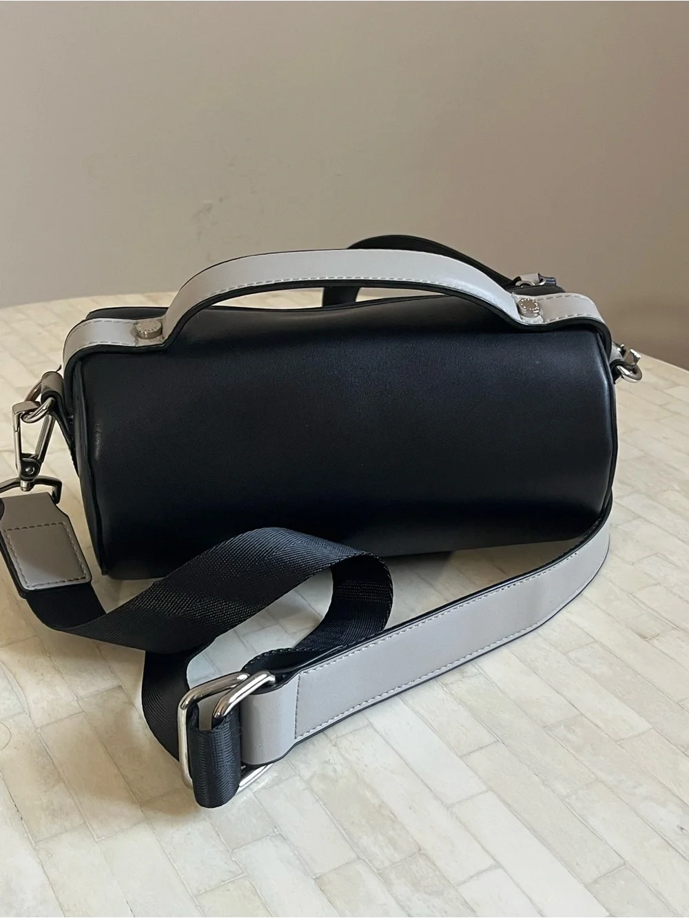 Upper West Side Barrel Bag Vegan Leather Adjustable/Removable Strap Black/Gray - Picture 1 of 16